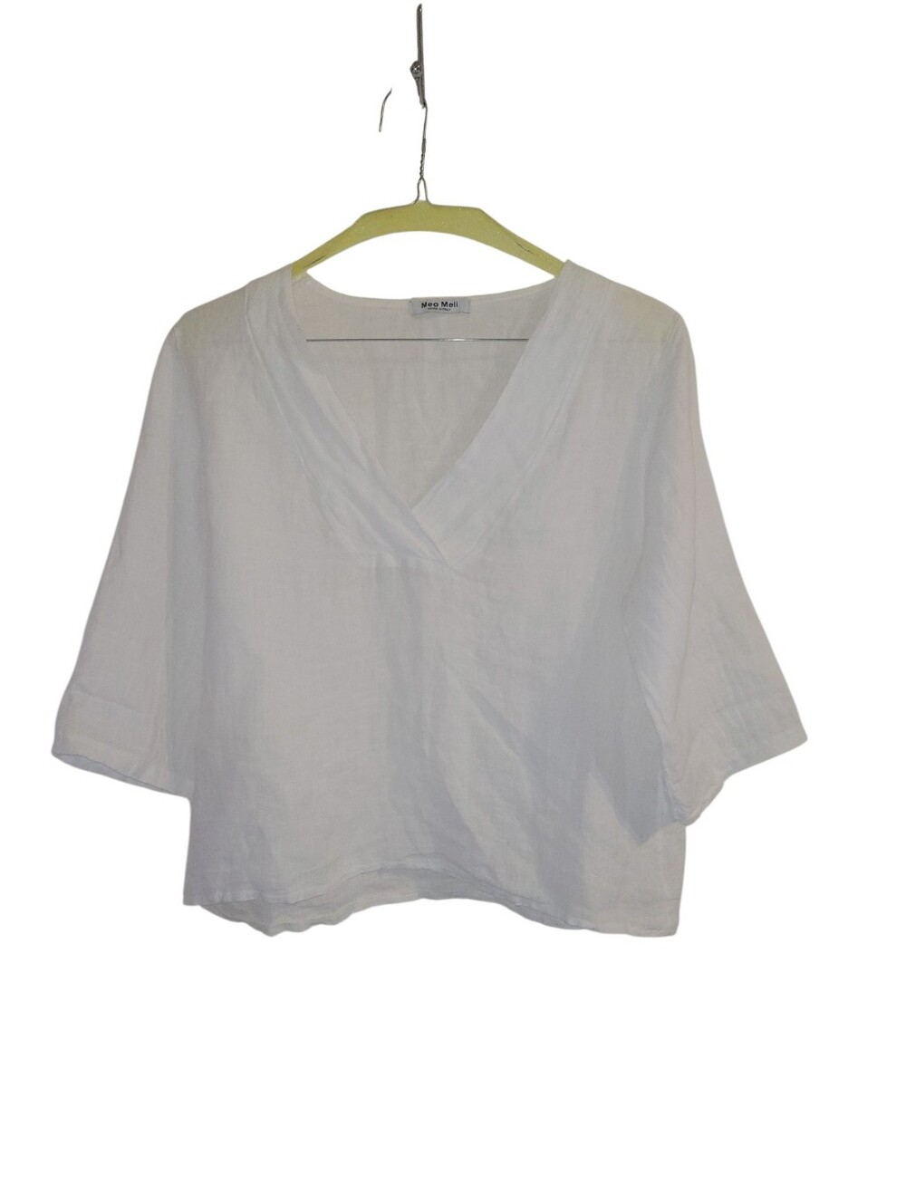 Meo Meli White V-Neck Linen Made In Italy Relaxed, Breezy Women's Top